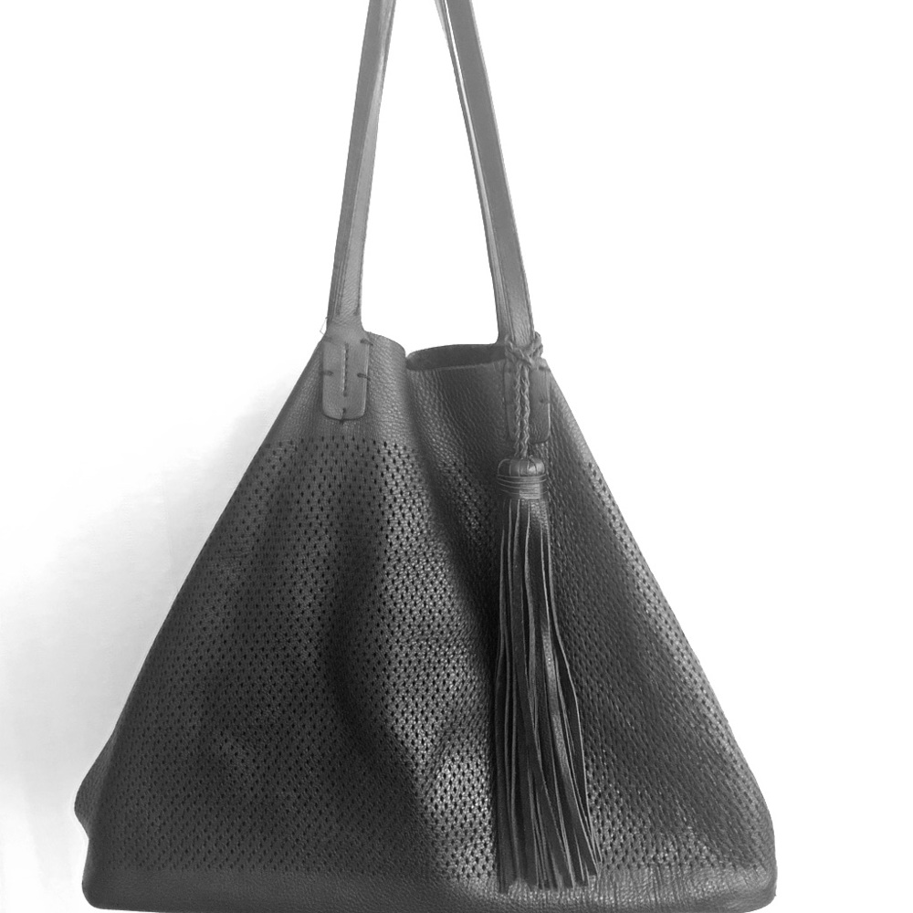 Decoss perforated leather hobo bag w/tassel